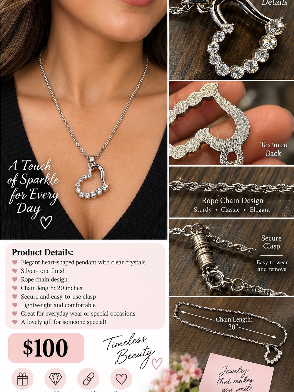 Silver-Tone Heart Crystal Pendant Necklace by